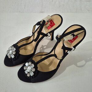 Oscar De la Renta Black Satin Chrystal Bow Strappy Sandals with 3.5" Heel S7.5M